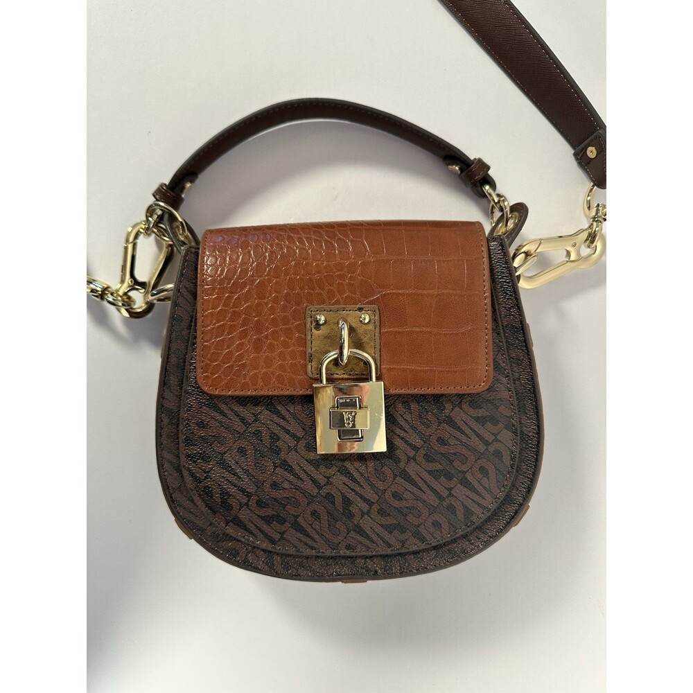 Steve Madden Brown Monogram Croc Flap Lock Crossbody Saddle Bag NWOT